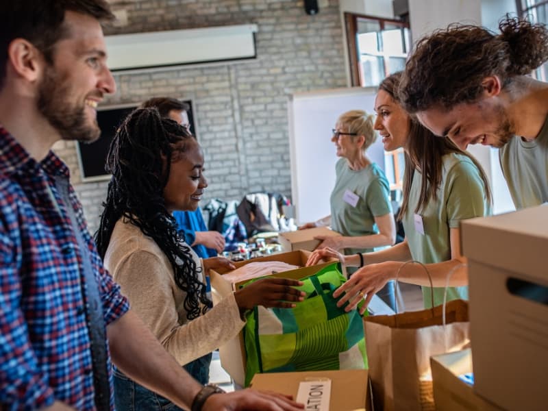 group of volunteers at a food drive